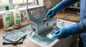 Cleaning and maintaining a metal multi-catch mouse trap using warm soapy water and disinfectant for reuse.