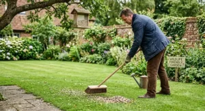 Sweeping fallen bird seed off a garden lawn to avoid attracting rodents and keep rats away naturally