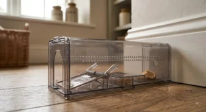 Humane plastic catch-and-release mouse trap with air vents and a spring-loaded trapdoor for ethical mouse removal.