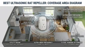 Floor plan diagram illustrating the ultrasonic sound wave coverage range of a top-rated repeller in a house.