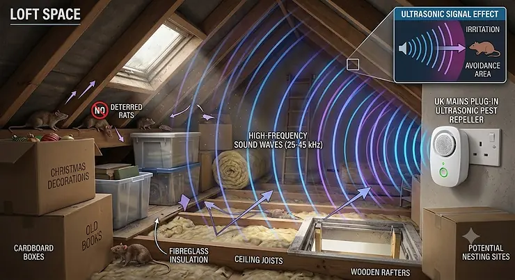 Diagram showing high-frequency sound waves from an ultrasonic pest repeller spreading through a loft space in a British house to deter rats.