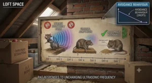 Visual chart showing how rats initially react to ultrasonic sound but quickly adapt and ignore the noise over several days.