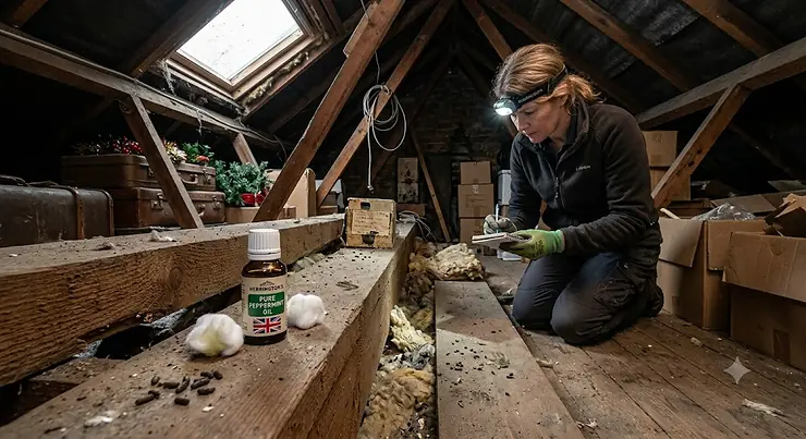 Illustration examining does peppermint oil really repel rats in UK homes and lofts.