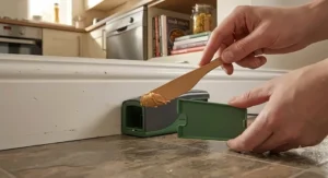 Close-up of placing peanut butter bait inside the rear bait trough of an electric mouse trap