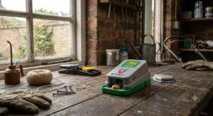 Battery-powered electronic mouse trap designed for quick and hygienic pest control in garages.