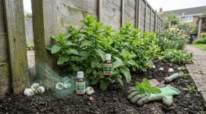 Fresh peppermint plants growing near garden fences to help deter rodents naturally.