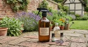 A spray bottle with a homemade natural rat repellent formula made from white vinegar and essential oils.