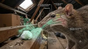 Diagram demonstrating how pure peppermint oil scent impacts a rat's sensitive olfactory system.
