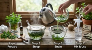 Step-by-step diagram explaining how to make a home-made peppermint rat repellent spray.