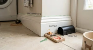 Diagram showing correct mouse trap placement against kitchen walls and along pest travel routes