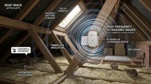 Diagram showing high-frequency sound waves from an ultrasonic rat repeller clearing pests from a home loft space.