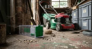 Humane live-catch mouse trap placed near lawnmowers and storage boxes in a garden shed.