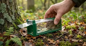 Humane plastic live-capture mouse trap allowing safe release of field mice in woodland