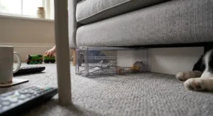 Enclosed humane mouse trap positioned safely behind a sofa in a living room, child-safe and pet-friendly.