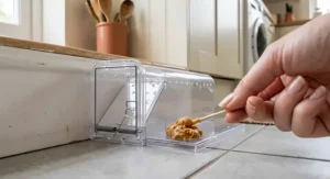 Close up of baiting a humane plastic mouse trap with peanut butter for effective home pest control.