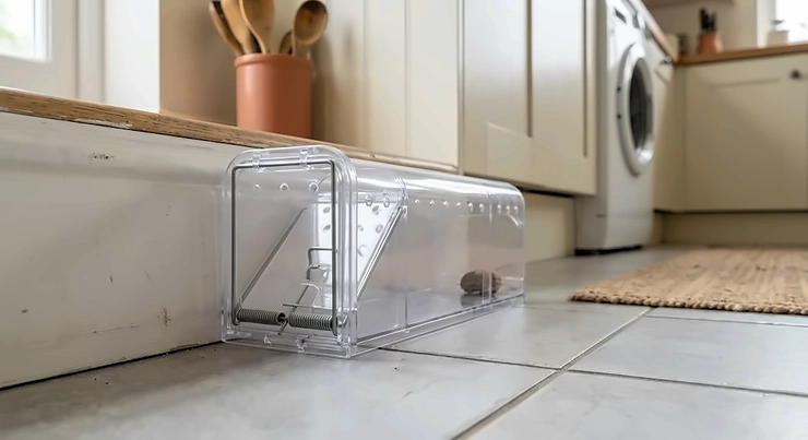 A plastic catch and release humane mouse trap for home use placed along a wooden skirting board in a British kitchen.humane mouse traps for home use