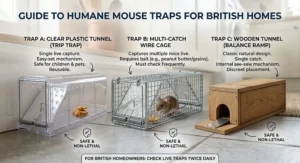 Diagram comparing different types of non lethal humane mouse traps suitable for British homes.