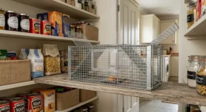 A multi catch humane wire mesh cage trap for live mouse removal inside a residential pantry.