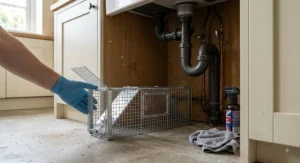 Positioning a humane live capture mouse trap under a kitchen sink near pipework in a UK home.