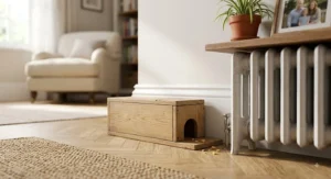A classic wooden humane tunnel mouse trap set up safely in a family living room near a radiator.