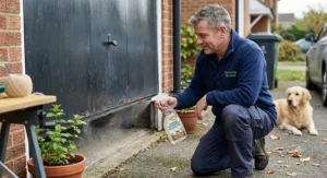 A homeowner spraying pet-safe peppermint rat repellent along the base of a garage door.