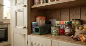 Compact electronic rodent trap placed neatly inside a British kitchen pantry cupboard