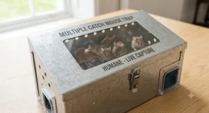 Multi-catch mouse trap featuring a clear view lid to easily inspect trapped mice without opening the box.