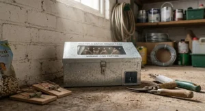 A multi-catch mouse trap positioned near garden tools inside a garage or shed for effective rodent control.