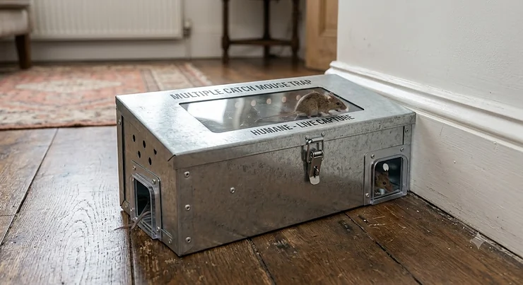 Humane multi-catch mouse trap made of durable galvanised steel, designed to safely capture multiple mice without harm in UK homes.