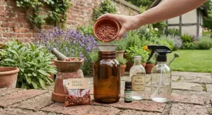 Preparing a natural chilli pepper and water spray solution to deter rats from garden borders and outbuildings.