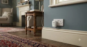 An ultrasonic pest deterrent plug-in unit installed near a skirting board inside a UK living room.