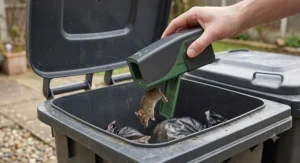 Hygienic no-touch disposal of a rodent into a wheelie bin using a lid-release electric mouse trap