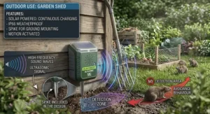 A solar-powered ultrasonic device installed near a wooden garden shed in a UK garden to repel wild rats.