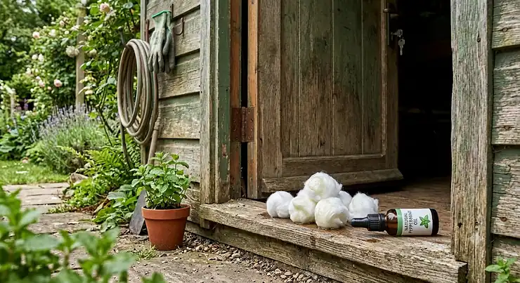 Cotton wool balls soaked in peppermint oil placed near a garden shed door to naturally deter rats how to repel rats naturally