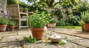 Fresh peppermint plant and natural peppermint oil spray used to deter rats from a garden patio.