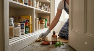 Applying natural peppermint rat repellent along skirting boards in a kitchen pantry cupboard.