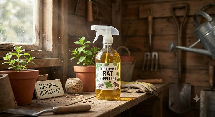 A spray bottle of natural peppermint rat repellent sitting on a shelf in a British garden shed.