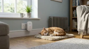 Illustration of a family cat relaxing safely near a discreetly plugged-in ultrasonic rat repeller.