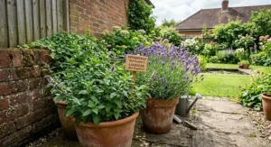 Potted peppermint and lavender plants growing in a British garden to act as a natural plant-based rat repellent