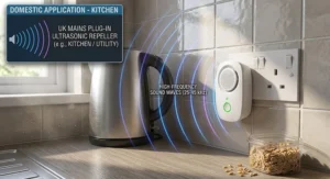 An ultrasonic plug-in pest repeller device connected to a standard UK three-pin wall socket in a domestic kitchen.
