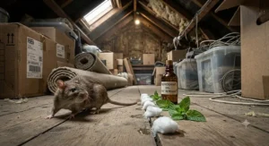 Illustration showing a rat turning away from a peppermint rat repellent barrier in a home loft space.