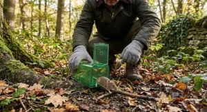 Person safely releasing a captured house mouse from a humane trap into British countryside woodland away from residential houses.