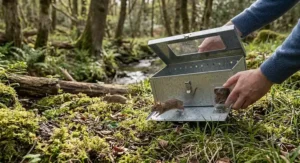 Releasing trapped live mice safely into woodland away from residential properties using a multi-catch mouse trap.