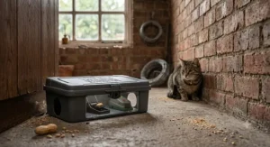 Tamper-resistant plastic mouse trap box safe for use around household pets in garden sheds.