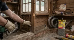 Proofing a garage door and shed walls with wire mesh to prevent mice entering.