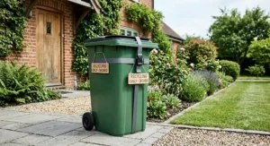 A tidy outdoor wheelie bin with a securely fastened lid to eliminate food sources and repel rats naturally
