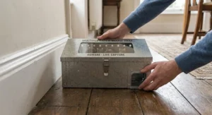 A person placing a multi-catch mouse trap parallel to a skirting board along a wall in a British household.