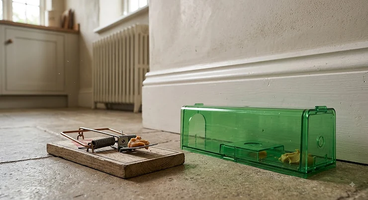 Comparison of traditional wooden snap traps and modern plastic catch-and-release humane mouse traps placed near a skirting board in a UK home. snap traps vs humane mouse traps