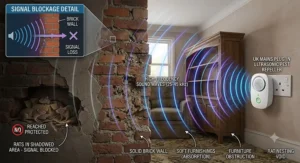 Illustration demonstrating how solid brick walls and furniture absorb and block high-frequency ultrasonic waves from reaching rats.
