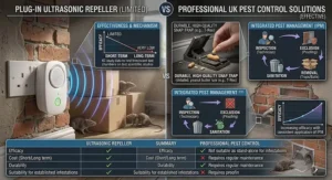 Comparison diagram contrasting plug-in ultrasonic repellers with effective UK pest control solutions like rodent proofing and traps.